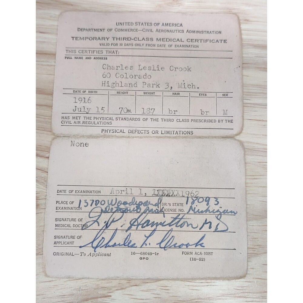 Vtg 1962 Civil Aeronautics Administration Temporary Medical Certificate Pilot